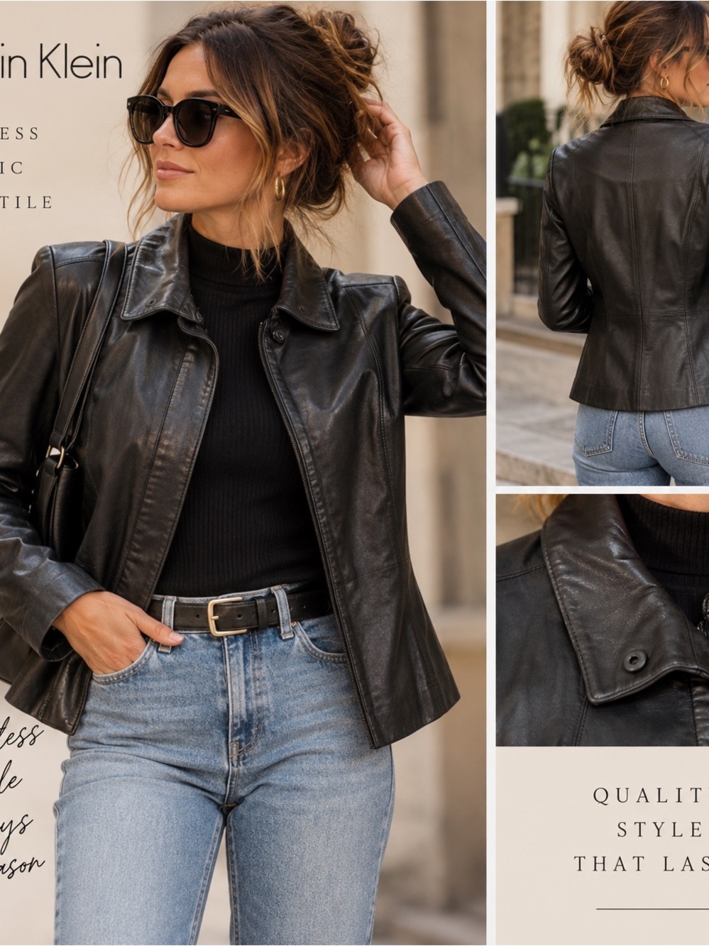 Calvin Klein Women's Black Leather Jacket with Classic Collar